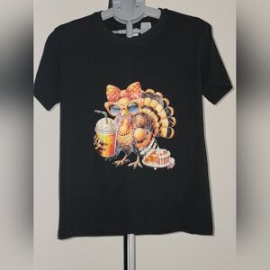 Girls' Black Graphic Turkey Tee with Orange Accents